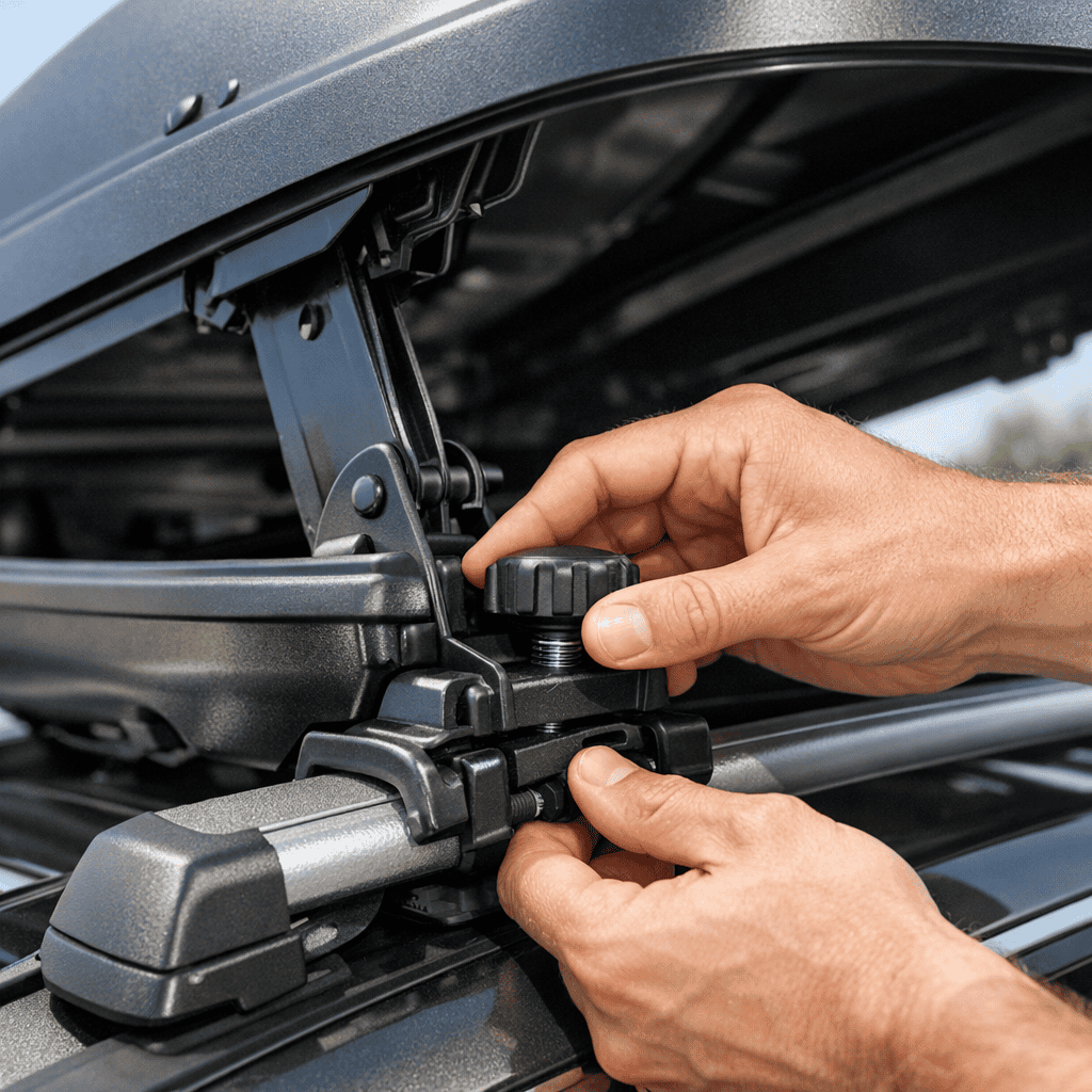 Detail montáže strešného boxu na auto - Thulecentrum