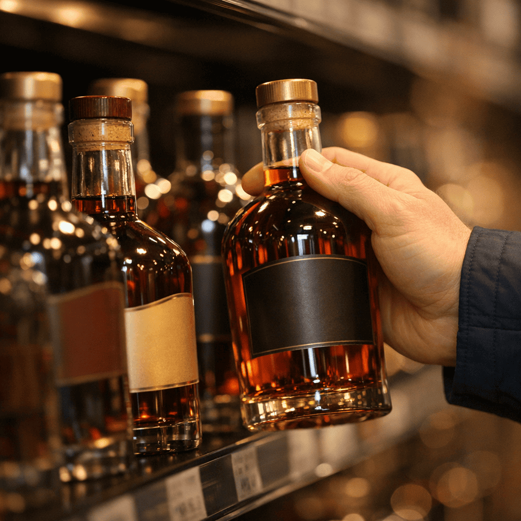 Zákazník si vyberá prémiový rum v obchode - eshop s destilátmi